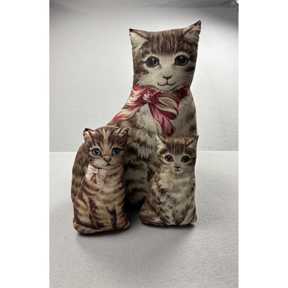 Vintage Cut & Sew Tabby Cat Family Pillows Set of 3 Mother Kitten Plush Cottage